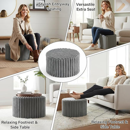 LITA Round Stuffed Pouf Ottoman, Corduroy Poufs with High-Density Foam Filling and Washable Cover, Furry and Fluffy Bean Bag Foot Stools Ottoman for Living Room, Bedroom, Office, Grey, Round