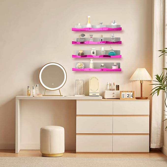 YMVV 15.7 in Large Pink Reflective Acrylic Mounted Floating Shelf, Perfume Organizer Shelf, Modern Bathroom Storage Toy Display Organizer Decor 4 Pack