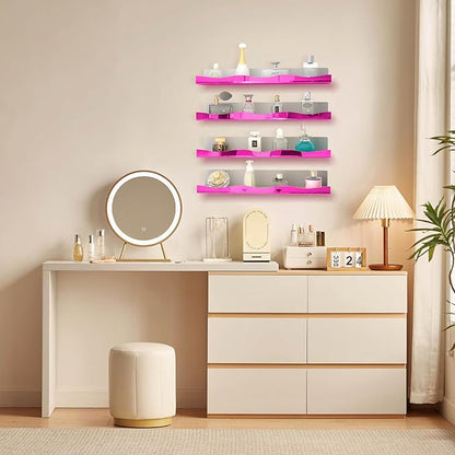 YMVV 15.7 in Large Pink Reflective Acrylic Mounted Floating Shelf, Perfume Organizer Shelf, Modern Bathroom Storage Toy Display Organizer Decor 4 Pack