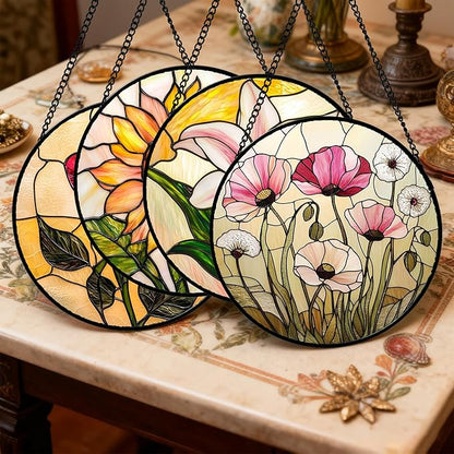 Stained Glass Window Hanging 4 Pcs Set Lily Rose Sunflower Poppy 7.8" - Flower Suncatcher Door Garden Sun Catcher Decor Birthday Mother's Day for Wife Woman Nana Girl