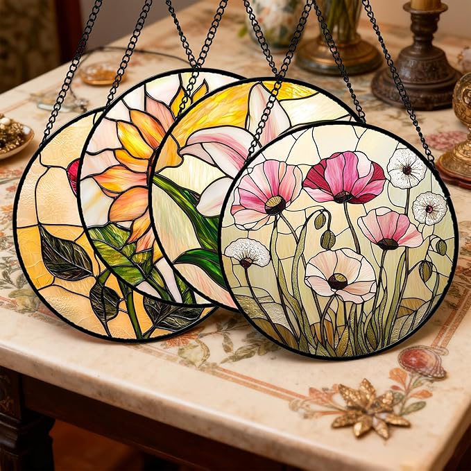 Stained Glass Window Hanging 4 Pcs Set Lily Rose Sunflower Poppy Large 15" - Flower Suncatcher Door Garden Sun Catcher Decor Birthday Mother's Day for Wife Woman Nana Girl