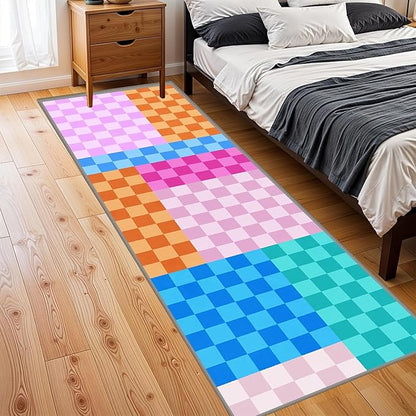 Multicolored Checkerboard Grid Runner for Entryway, 4x10ft, Boho Colorful Checkered Pattern Kids Playing Mat, Cozy Soft Absorbent Reduce Noise Rugs, Durable Washable Carpet for Family