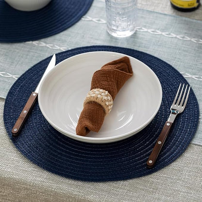 Round Placemats Set of 8 Woven Placemats Washable Braided Table Mats for Dining Table Heat Resistant Non-Slip Circle Place Mats(Navy Blue)
