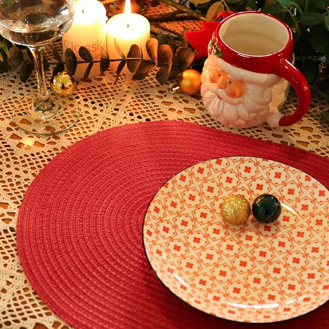 Noctiflorous Oval Braided Placemats Set of 8 Woven 12x18 Inch Non Slip Washable Heat Resistant Place Mats Round Tablemats for Dining Kitchen Party Daily Table Decor Dinner Mats (Red, 8)
