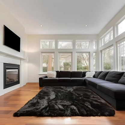 Super Area Rugs Ultra Soft & Fluffy Faux Sheepskin Rug, Black 8 x 10 Feet Carpet for Bedroom Living Room