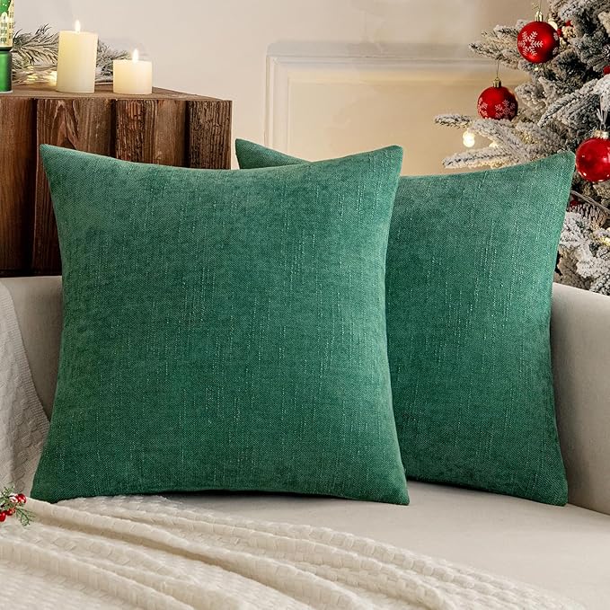 MIULEE Pack of 2 Christmas Decorative Throw Pillow Covers Soft Chenille Throw Pillows Solid Textured Cushion Covers for Couch Sofa Bedroom Living Room 18x18 Inch, Dark Green