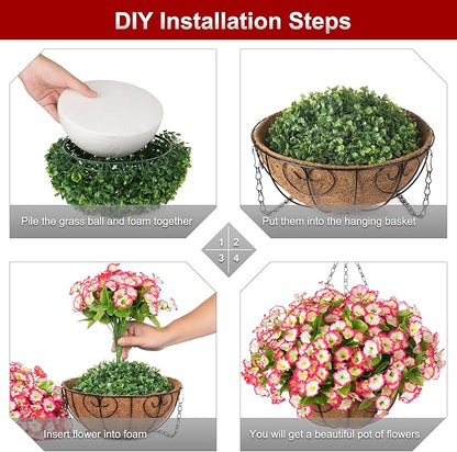 Artificial Hanging Flower Plants with Basket for Outdoor Decoration, Faux Petunias Flowers Fake Morning Glories Planter for Outside Patio Garden Porch Balcony Yard Decor(Pink)