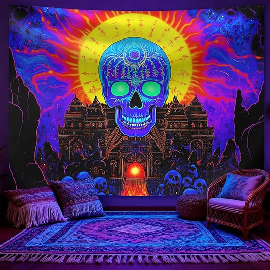 seewan Black Light Mystic Skull Tapestry, Glow-in-the-Dark UV Neon Blue Skeleton with Yellow Sun Halo Tapestry, Psychedelic Ancient Temple Wall Hanging, Bedroom Dorm Living Room Background Decor