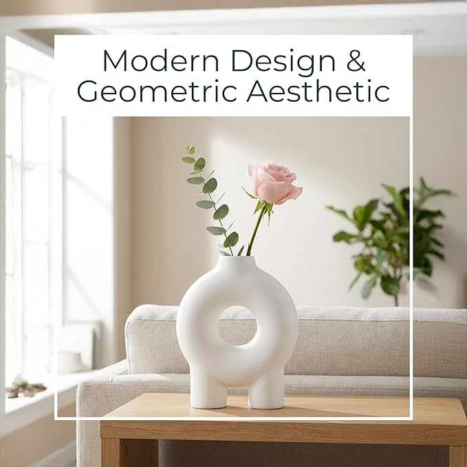 Decorative Flower Vase for Home Decor – Ceramic Modern Flower Vase With Donut Footed Design, Stylish Table Centerpiece for Living Room or Entry Display, Modern for Faux Flowers – 7", White