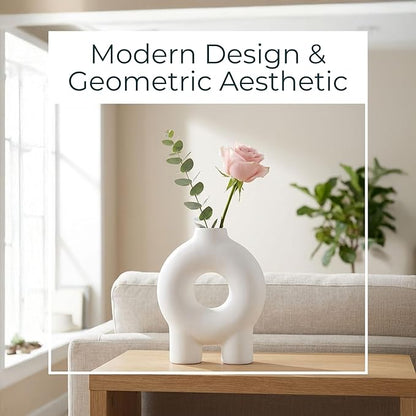 Decorative Flower Vase for Home Decor – Ceramic Modern Flower Vase With Donut Footed Design, Stylish Table Centerpiece for Living Room or Entry Display, Modern for Faux Flowers – 7", White