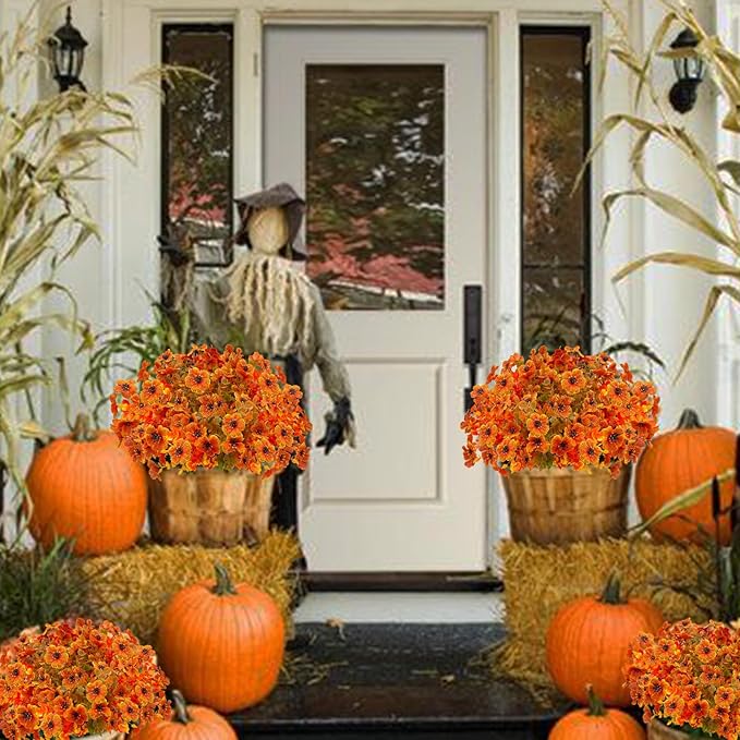 Artificial Fall Flowers for Outdoors,Faux Silk Flowers Fall Decorations,Fake Mums Eucalyptus Plants Christmas Halloween Decor for Outdoor Patio,Window Planter Autumn Fall Decor(10PCS,Orange)
