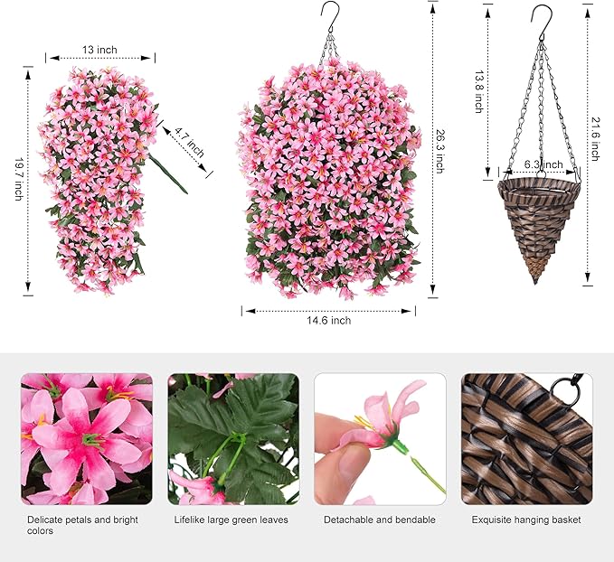 Artificial Flowers Plants for Outdoor with Basket, 4PCS Silk Hanging Faux Flowers Long Trailing Vines for Outside Home Porch Patio Decoration, Pink