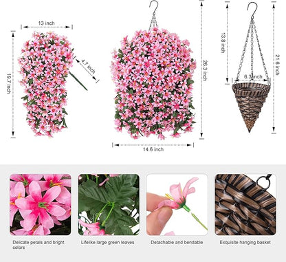 Artificial Flowers Plants for Outdoor with Basket, 4PCS Silk Hanging Faux Flowers Long Trailing Vines for Outside Home Porch Patio Decoration, Pink