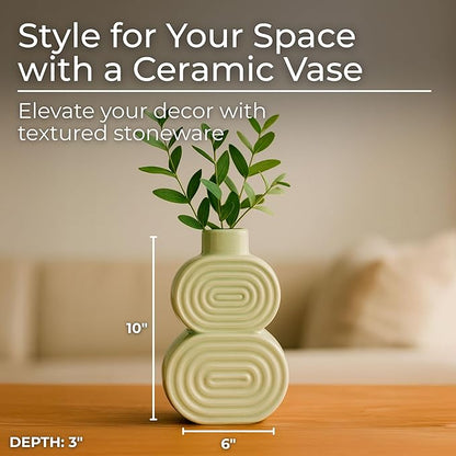 Sagebrook Home Boho Ceramic Vase - Textured Stoneware Decorative Accent for Home, Office, Bedroom & Living Room - Modern Minimalist Flower Holder - 10" Green