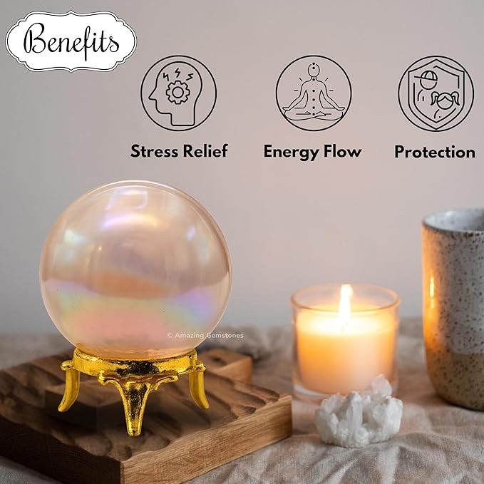 Amazing Gemstone Angel Aura Rose Quartz Crystal Ball with Stand - 1.5" Inches Crystal Sphere Meditation Balls for Witchcraft and Decorative Balls