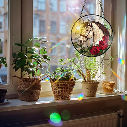 Bimkole Horse Sun Catchers Indoor Window - Flowers Acrylic Suncatcher Hanging Decoration for Living Room Bedroom Summer Home Balcony Outdoor Garden Ornaments Decoration 7.8x7.8 Inch