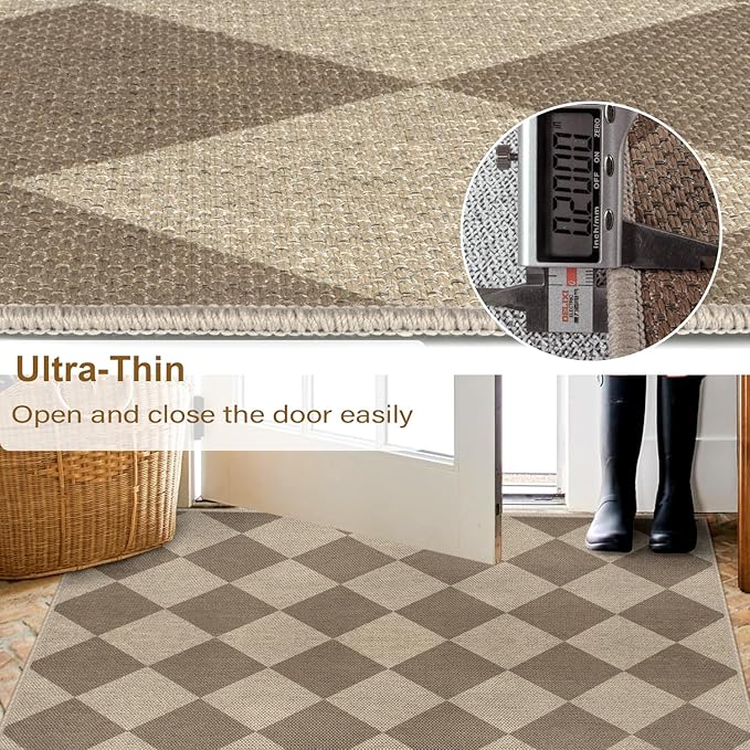 Easy Jute Checkered Area Rug, 3x5 Indoor Outdoor Entryway Rug Washable Brown Modern Diamond Kitchen Rugs, Non-Slip Neutral Farmhouse Throw Carpet for Living Room Patio Kids Room