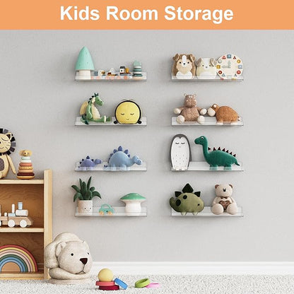 upsimples 12 Pack Acrylic Shelves Wall Organizer and Storage, 15" Display Shelf for Figure, Toy Cars, Perfume, Kids Bookshelf for Bedroom, Nursery, Craft Room, Clear