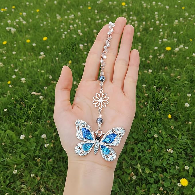 Rear View Mirror Accessories Car Charms - Blue Butterfly Resin Crystal Rhinestone Hanging Pendant, Cute Sun Catcher Accessory, Halloween for Mom Driver Friends