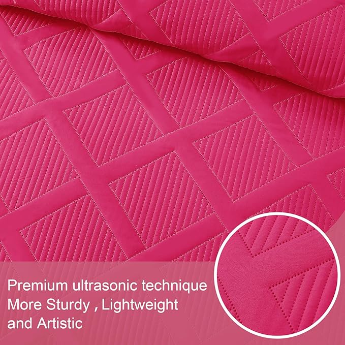 Exclusivo Mezcla Quilts Queen Size - Hot Pink Quilt Set Bedspread with 2 Pillow Shams, Modern Bedding Set with Striped Pattern, Soft Lightweight Bedspreads Queen Size for All Seasons