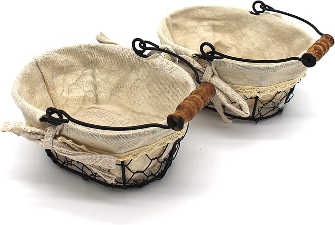 CVHOMEDECO. Primitives Country Chicken Wire Small Gift Baskets Gathering Baskets with Wooden Handle and Fabric Liner. Set of 2 (Oval) Matt Black