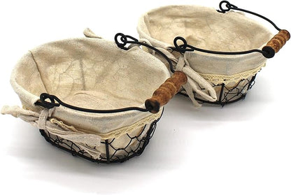 CVHOMEDECO. Primitives Country Chicken Wire Small Gift Baskets Gathering Baskets with Wooden Handle and Fabric Liner. Set of 2 (Oval) Matt Black