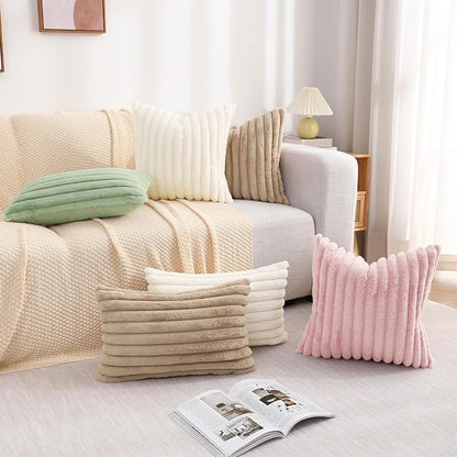 decorUhome Faux Fur Spring Throw Pillow Covers 24x24 Set of 2, Decorative Soft Plush Striped Neutral Couch Euro Sham Pillow Covers with Velvet Back for Sofa, Bed, Living Room Home, Khaki Brown