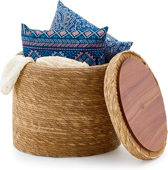 Wimarsbon Round Pouf Ottomans, Handwoven Natural Water Hyacinth Seagrass Pouffe,Outdoor Rattan Stool Accent Seat, Bohemian Coastal Home Decor (Storage - 18inch Natural Cattail)
