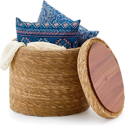 Wimarsbon Round Pouf Ottomans, Handwoven Natural Water Hyacinth Seagrass Pouffe,Outdoor Rattan Stool Accent Seat, Bohemian Coastal Home Decor (Storage - 18inch Natural Cattail)
