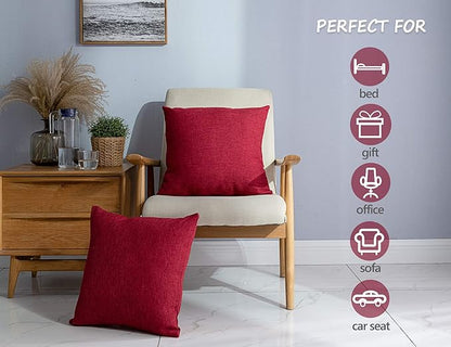 Stellhome Christmas Decorative Burlap Throw Pillow Covers Solid Farmhouse Linen Pillowcase for Bed Couch Sofa Bench, Set of 2, 24 x 24 inch (60 x 60 cm), Red