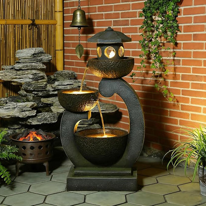 35.24”H Zen Outdoor Water Fountain Garden, Japanese Lantern Multi-Tier Waterfall Fountain Water Feature with Lights for Patio, Garden & Porch