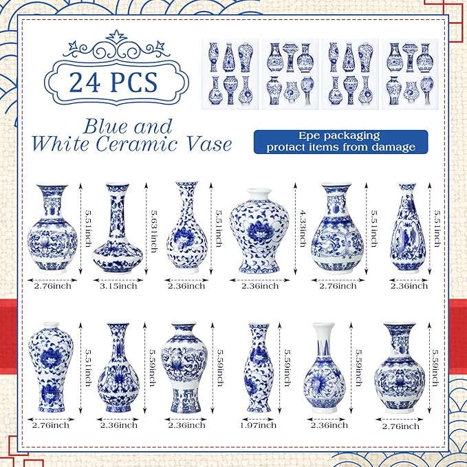 Maxcheck 24 Pcs Porcelain Blue and White Vase Mini Chinoiserie Bud Vase Vintage Ceramic Oriental Handmade Chinese Flower Jardiniere for Home Office Shelf Table Centerpieces Decor