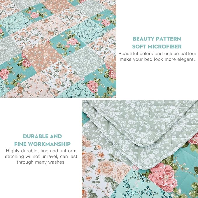 Oversized King Bedspread, Farmhouse Patchwork Floral Quilt Bedding Cover, Reversible, 6 Piece, 100% Microfiber, King/Cal King, Rosa Chinensis Jacq