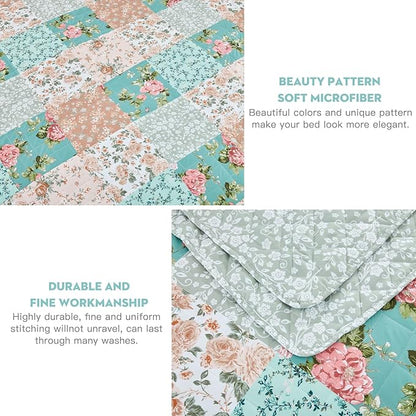 Oversized King Bedspread, Farmhouse Patchwork Floral Quilt Bedding Cover, Reversible, 6 Piece, 100% Microfiber, King/Cal King, Rosa Chinensis Jacq