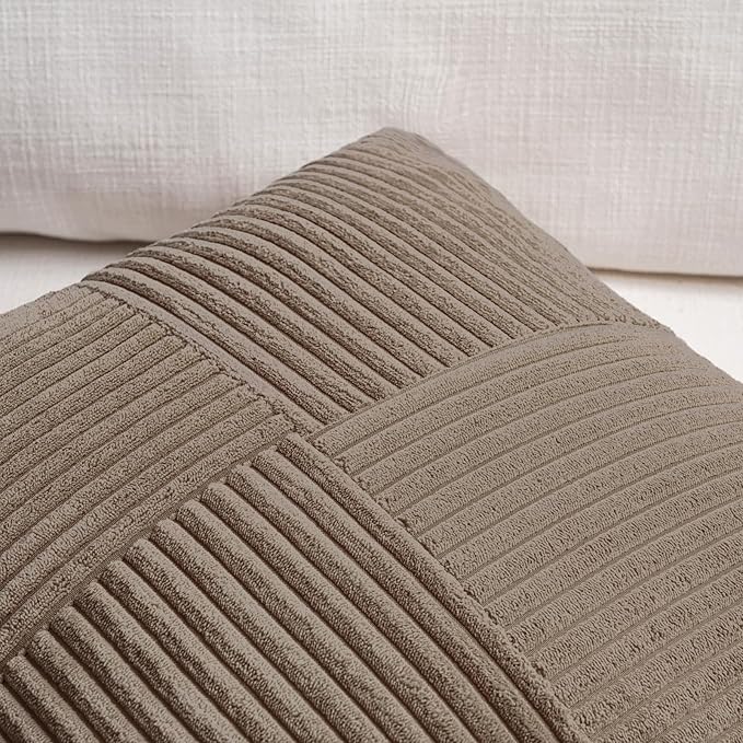 Fancy Homi Set of 2, Light Brown Patchwork Corduroy Decorative Soft Striped Modern Accent Cushion Case Farmhouse Boho Neutral Throw Pillow Covers for Chair Couch Bed Sofa Living Room 28x16 Inch