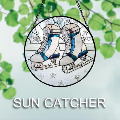 DASTOLL Stained Glass Window Hanging 4 Pcs Set White Winter Christmas Snow Scene Large 15" - Suncatcher Door Garden Sun Catcher Decor Birthday for Mom Woman Nana Men Friend Wife