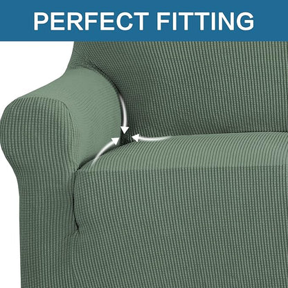 H.VERSAILTEX Stretch Couch Covers for Sofa 1 Piece Slipcovers for Couches and Sofas 3 Seater Couch Cover Feature Thick Checked Jacquard Fabric with Elastic Bottom, Sofa Large - Loden Frost