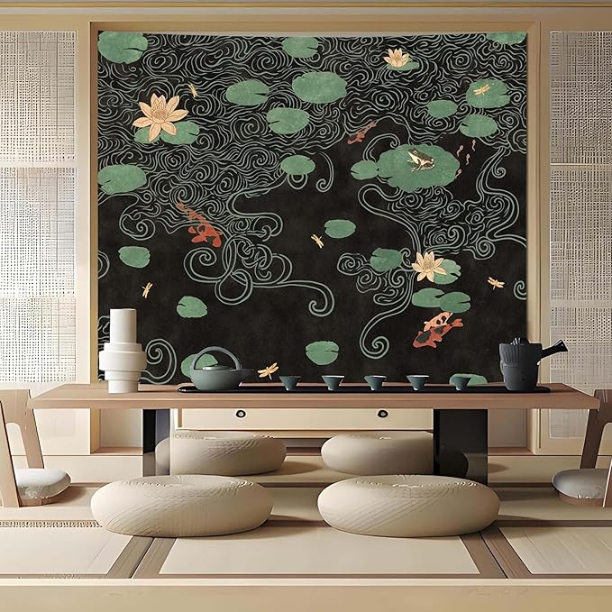 Lifeella Japanese Tapestry, Koi Pond Tapestry, Abstract Lotus Lily Wall Hanging, Zen Nature Aesthetic Art Wall Decor for Bedroom Living Room Dorm, Black 44x60 inches