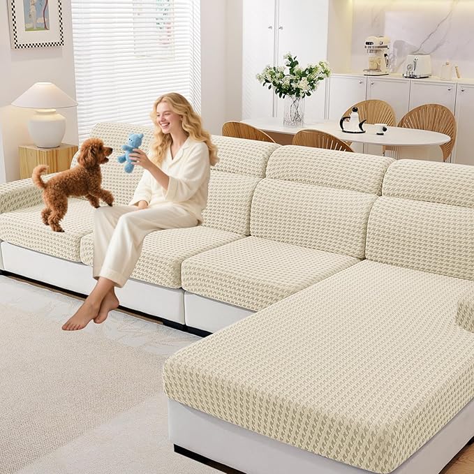 MAXIJIN Couch Cushion Covers for Sectional Sofa, Stretch Sofa Cushion Cover Washable Furniture Protector with Elastic Bottom & Non-Slip Strap for Pets Kids (1PC Chaise Cover, Beige)