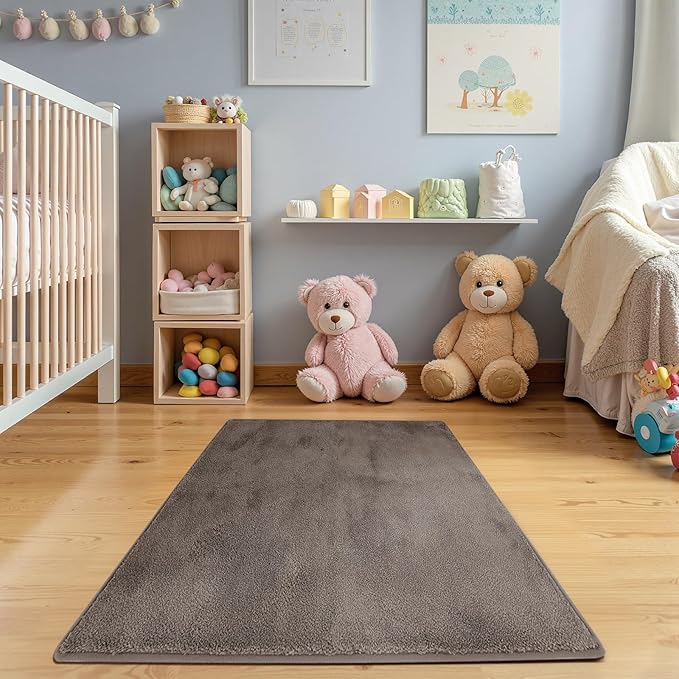 jinchan Solid Plush Area Rug 3x5 Performance Shaggy Washable Rug Indoor Soft Modern Faux Wool Cozy Non Slip Carpet for Living Room Kids Room Bedroom Dining Room Nursery Brown