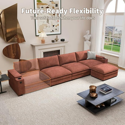 115" L Shaped Cloud Sofa Couch with Ottoman, Storage Armrest, Cup Holders, USB & Type-C Ports, Spring Cushions, Solid Wood Frame, Chenille Modular Sectional for Living Room (Coffee-L-115.2")