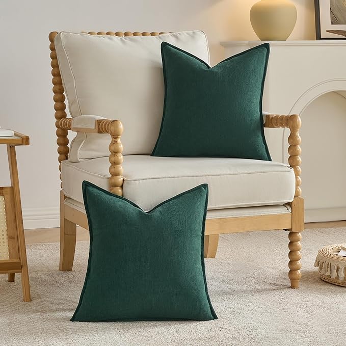 FUTEI Christmas Dark Green Chenille Throw Pillow Covers 26x26 Inch Set of 2,Edges Double-Stitched Euro Pillow Shams,Modern Home Decor for Couch Living Room