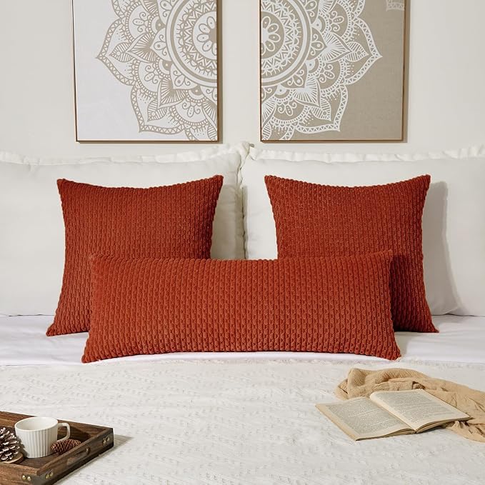 Kevin Textile 20x54 Inch Long Body Lumbar 1 Pack Boho Decorative Throw Pillow Cover Soft Striped Corduroy Rectangle Cushion Case Farmhouse Accent for Living Room Couch Sofa Bed, Burnt Brick