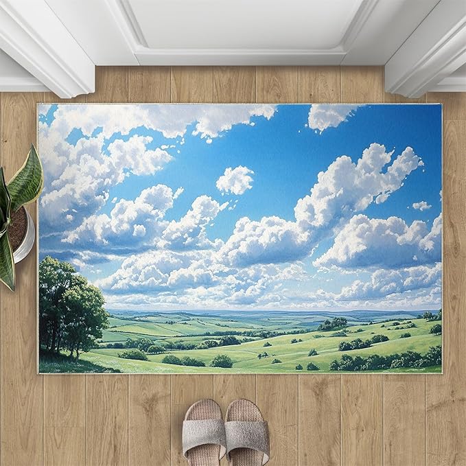Sky and Clouds 5x7 Area Rugs for Living Room -Grassland and Pasture Washable Rug Rural Landscape Non-Slip Carpet Indoor Floor Stain Resistant Thin Carpets for Bedroom Dining Room Home Office