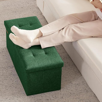 HAUSFRAU 31.5 Inches Ottoman with Storage Bench, Folding Ottoman Bench Small Foot Rest Stool, Bedroom Bench with Flipping Lid, Linen Green