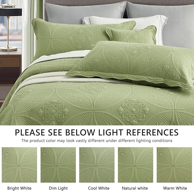 Oversized Bedspread - Queen Size Bedding Cover - Modern & Contemporary Coverlet Set, Real Stitching, Reversible, Lightweight, 5 Piece, Sage Green