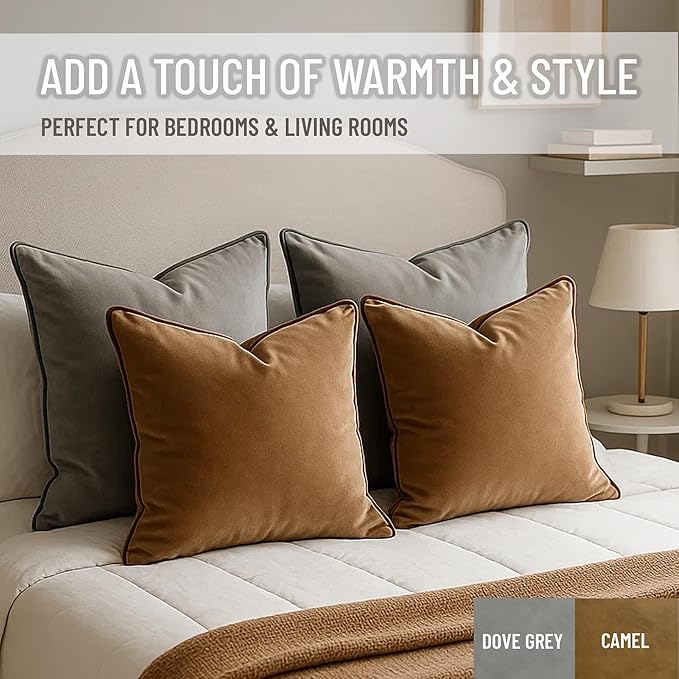 2 Pack Velvet Decorative Throw Pillow Covers, 18"x18", Camel and Brown, Solid, Modern, Contrast Piping, Indoor Use, Bedroom & Living Room