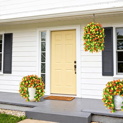 Artificial Fake Hanging Flowers for Outdoors, 2 Pcs Artificial Hanging Plants Outdoors Spring Summer Decor, UV Resistant Faux Violet Silk Flowers for Planters Front Door Yard Garden(Orange Yellow)