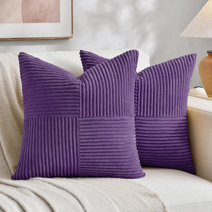 Fancy Homi 2 Packs Purple Decorative Throw Pillow Covers 16x16 Inch for Living Room Couch Bed, Farmhouse Boho Home Decor, Soft Corss Patchwork Corduroy Textured Square Cushion Case 40x40 cm