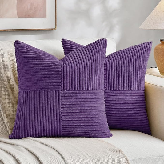 Fancy Homi 2 Packs Purple Decorative Throw Pillow Covers 16x16 Inch for Living Room Couch Bed, Farmhouse Boho Home Decor, Soft Corss Patchwork Corduroy Textured Square Cushion Case 40x40 cm